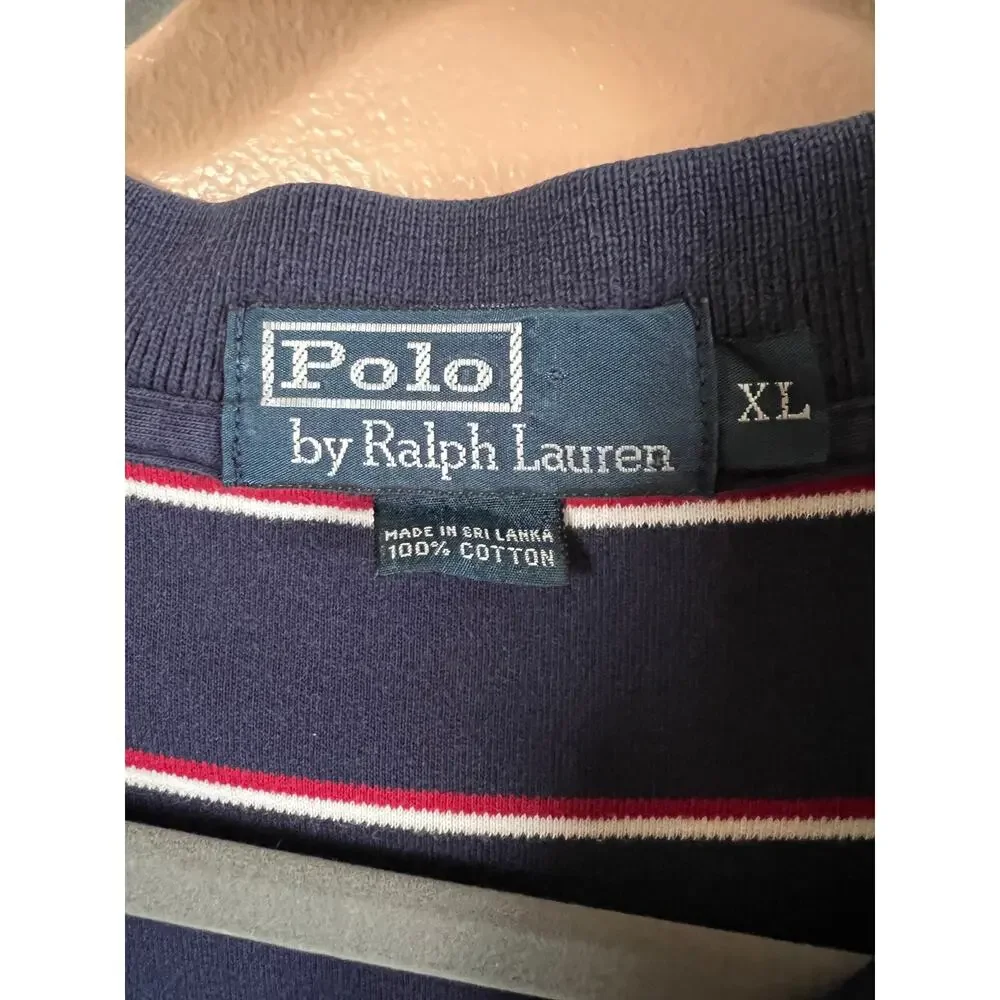 Polo Ralph Lauren Vintage Stripe Polo Shirt Mens XL Navy Red White 90s Cotton